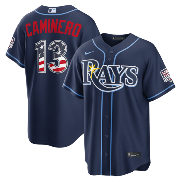 Fourth OF July Tampa BAY Rays Junior Caminero Nike Navy USA 250 Stadium Jersey 2025/26