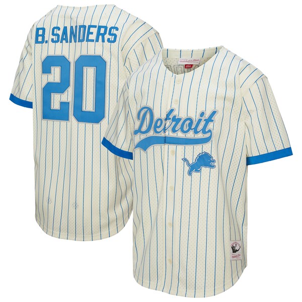 Barry Sanders Detroit Lions Mitchell AND Ness Name AND Number Mesh Button UP Baseball Jersey Cream 2025/26