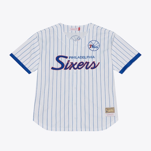Philadelphia 76ers Mitchell AND Ness Head Coach Pinstripe Mesh Full Button Baseball Jersey White 2025/26