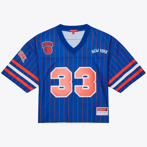 Patrick Ewing NEW York Knicks Mitchell and Ness X Dannijo Name and Number Cropped Football Jersey Blue 2025/26