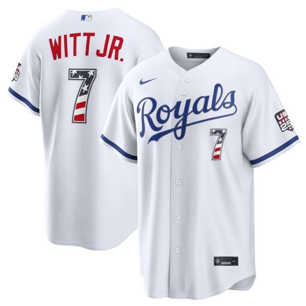 Fourth of July Kansas City Royals Bobby Witt JR Nike White USA 250 Stadium Jersey 2025/26