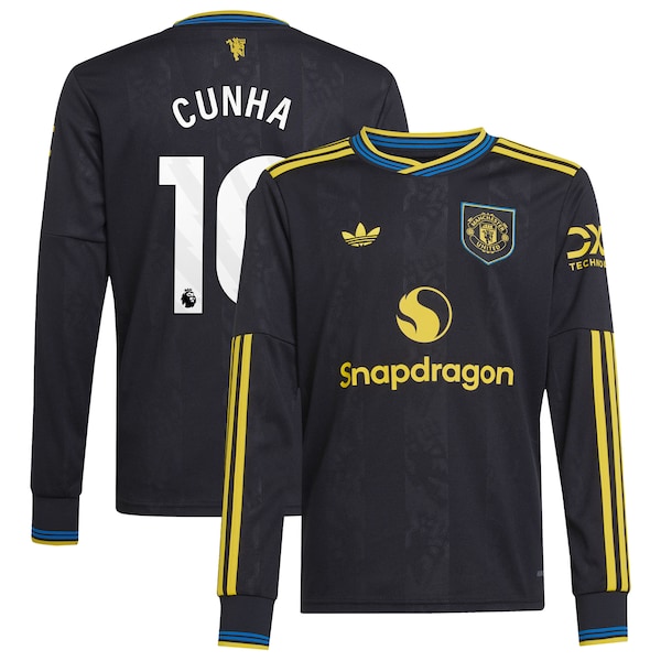 Manchester United Adidas Ersatztrikot 2025 26 Langärmelig Kinder MIT Aufdruck Cunha 2025/26