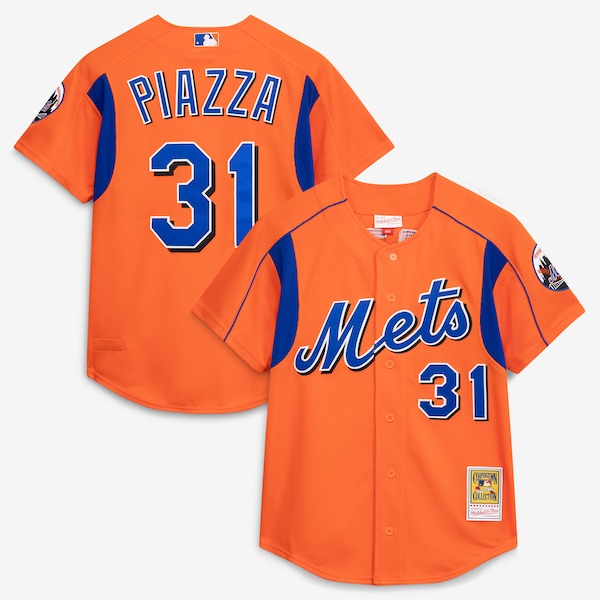 Mitchell AND Ness Mike Piazza Orange NEW York Mets Cooperstown Collection Mesh Schlagtrainings Trikot FÜR Herren MIT Knopfleiste 2025/26