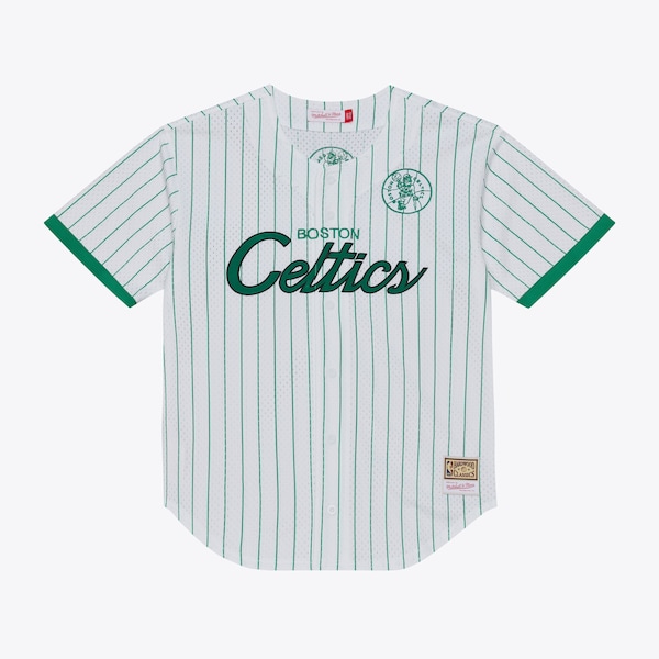 Boston Celtics Mitchell AND Ness Head Coach Pinstripe Mesh Full Button Baseball Jersey White 2025/26