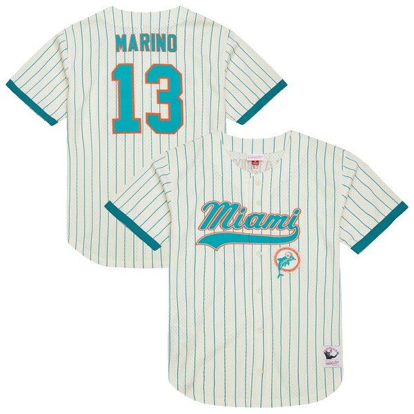 DAN Marino Miami Dolphins Mitchell AND Ness Name AND Number Mesh Button UP Baseball Jersey Cream 2025/26