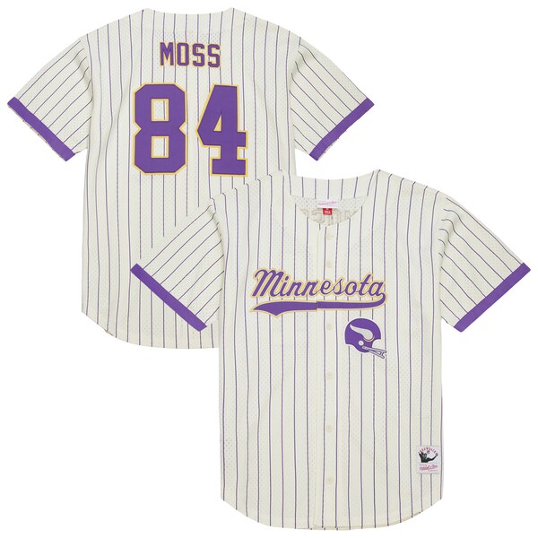Randy Moss Minnesota Vikings Mitchell AND Ness Name AND Number Mesh Button UP Baseball Jersey Cream 2025/26