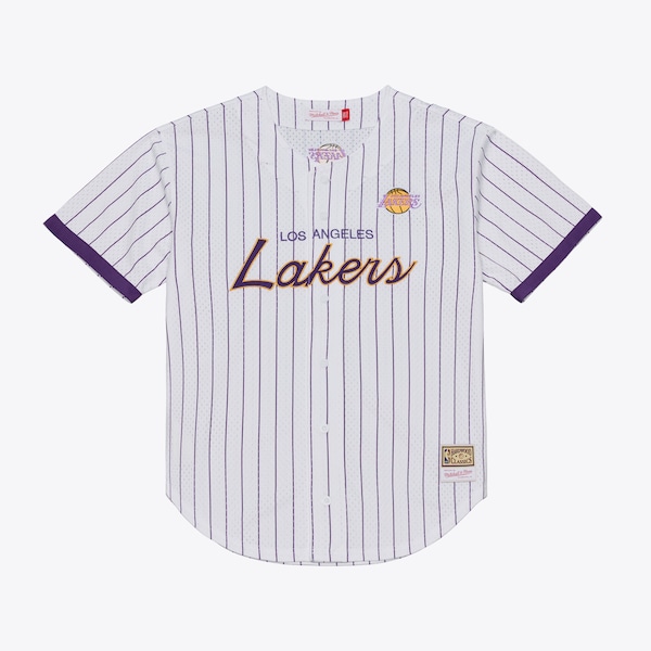 LOS Angeles Lakers Mitchell AND Ness Head Coach Pinstripe Mesh Full Button Baseball Jersey White 2025/26